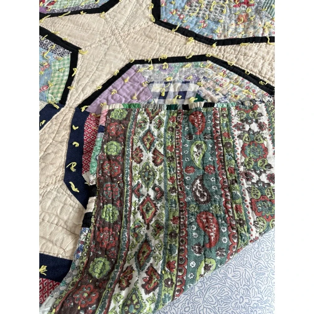 Vintage Handmade Spider Web String Quilt Hand Tied Scrap Patchwork Rare
